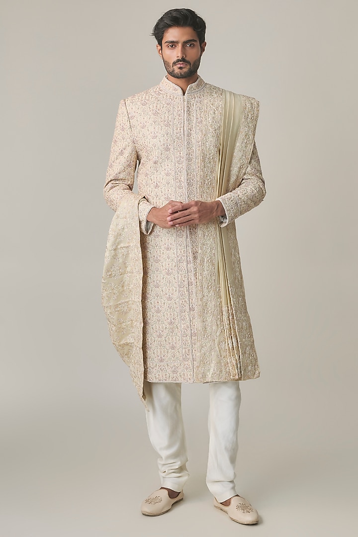 Champagne Gold Silk Hand Embroidered Groom Sherwani Set by Amit Behki at Pernia's Pop Up Shop