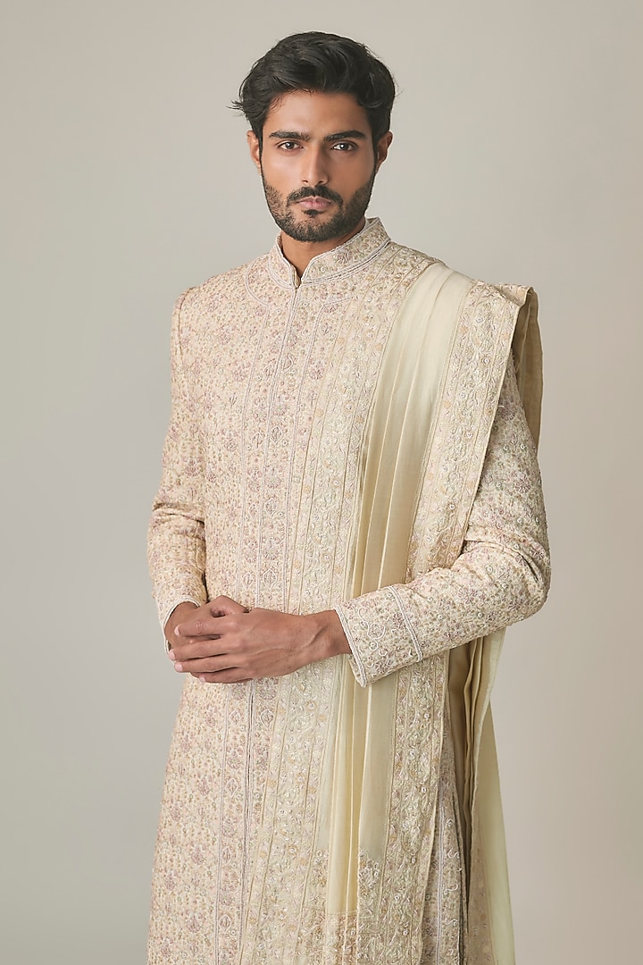 Champagne Gold Silk Hand Embroidered Groom Sherwani Set by Amit Behki at Pernia's Pop Up Shop