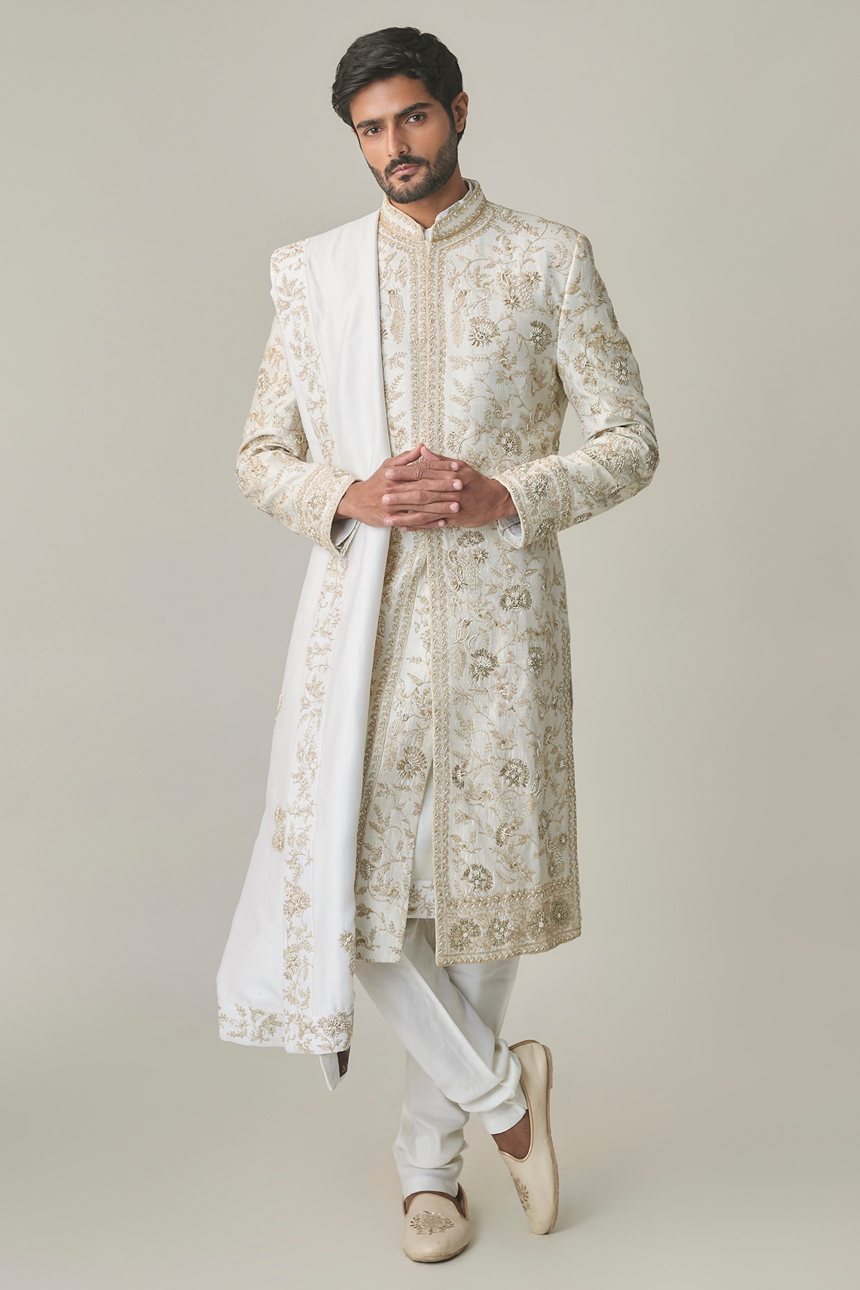 Amit Behki Ivory Silver Silk Hand Embroidered Sherwani Set