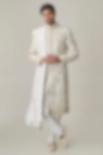 Ivory Silver Silk Hand Embroidered Groom Sherwani Set by Amit Behki at Pernia's Pop Up Shop