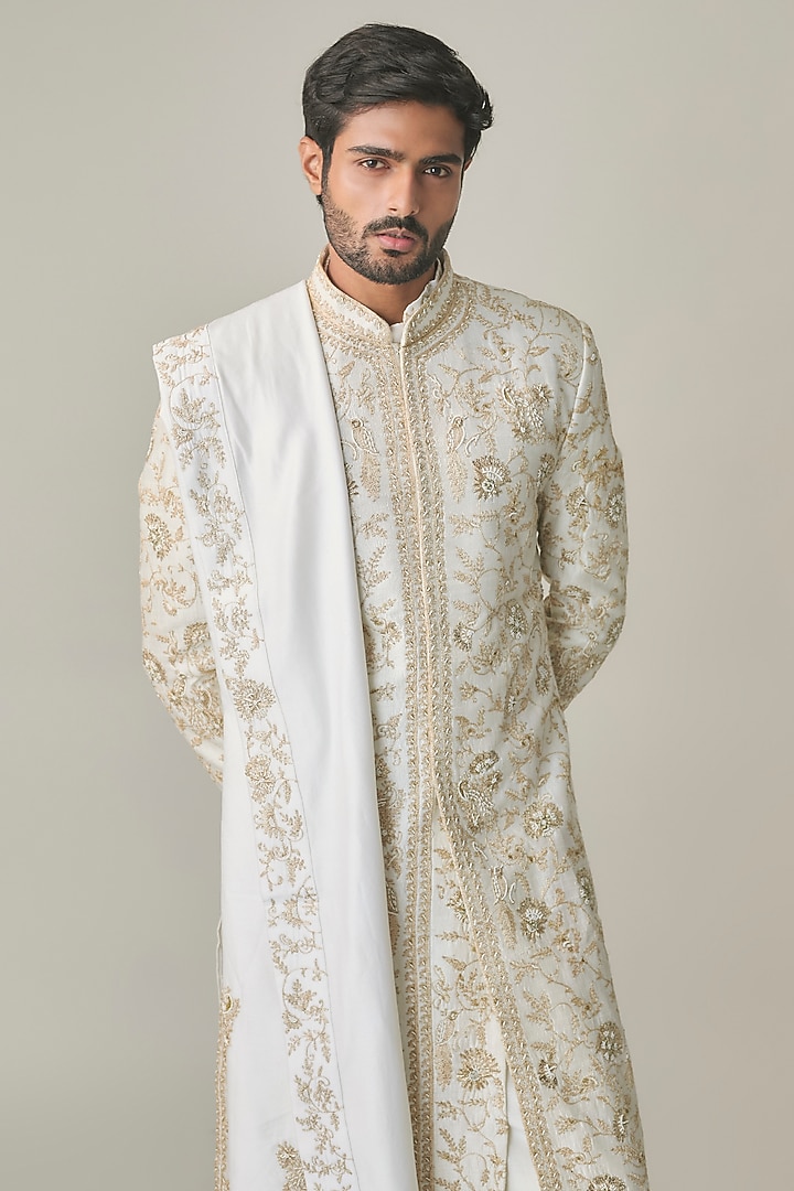 Ivory Silver Silk Hand Embroidered Groom Sherwani Set by Amit Behki at Pernia's Pop Up Shop