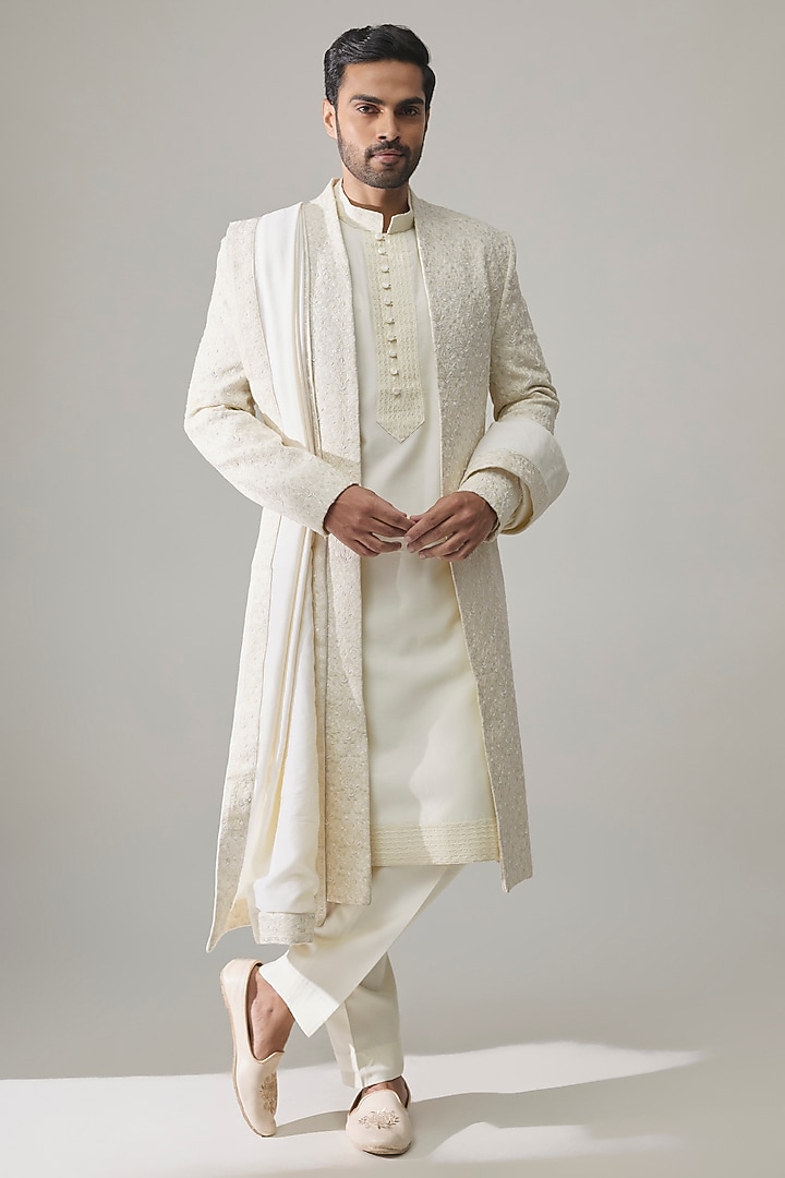 Light Pista Raw Silk Embroidered Groom Sherwani Set by Amit Behki at Pernia's Pop Up Shop