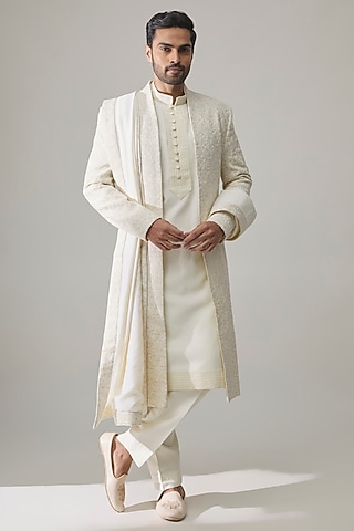 Light Pista Raw Silk Embroidered Sherwani Set by Amit Behki
