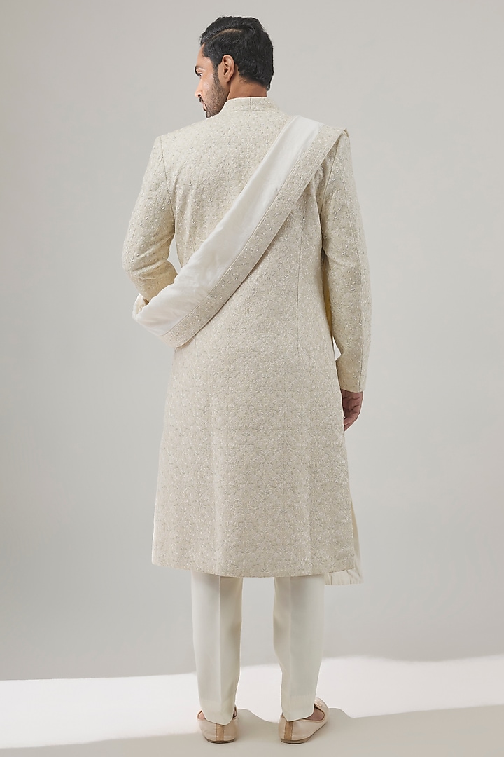 Light Pista Raw Silk Embroidered Groom Sherwani Set by Amit Behki at Pernia's Pop Up Shop