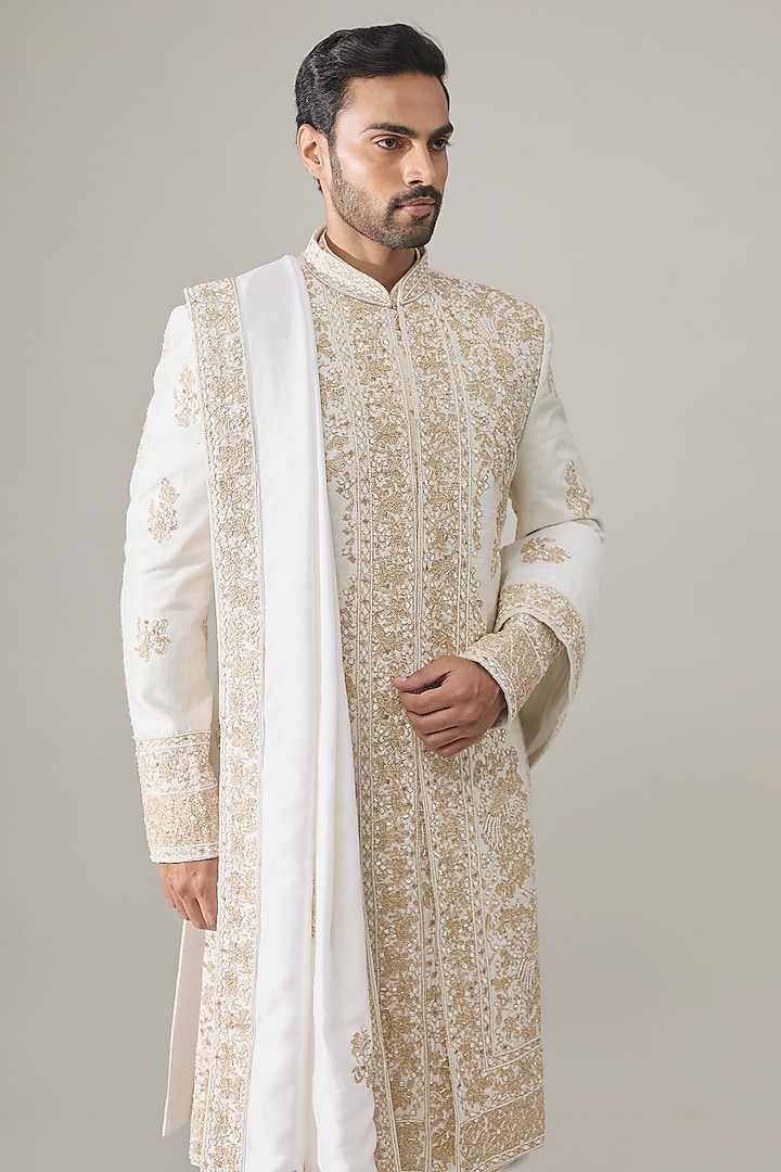 Light Pista Raw Silk Embroidered Groom Sherwani Set by Amit Behki at Pernia's Pop Up Shop