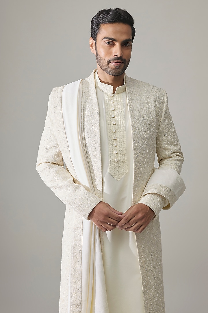 Light Pista Raw Silk Embroidered Groom Sherwani Set by Amit Behki at Pernia's Pop Up Shop