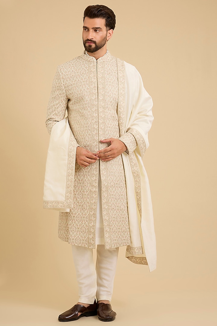Champagne Gold Silk Groom Sherwani Set by Amit Behki at Pernia's Pop Up Shop