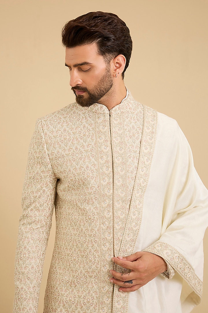 Champagne Gold Silk Groom Sherwani Set by Amit Behki at Pernia's Pop Up Shop