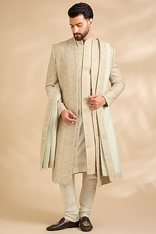 Beige Raw Silk Embroidered Sherwani Set by Amit Behki