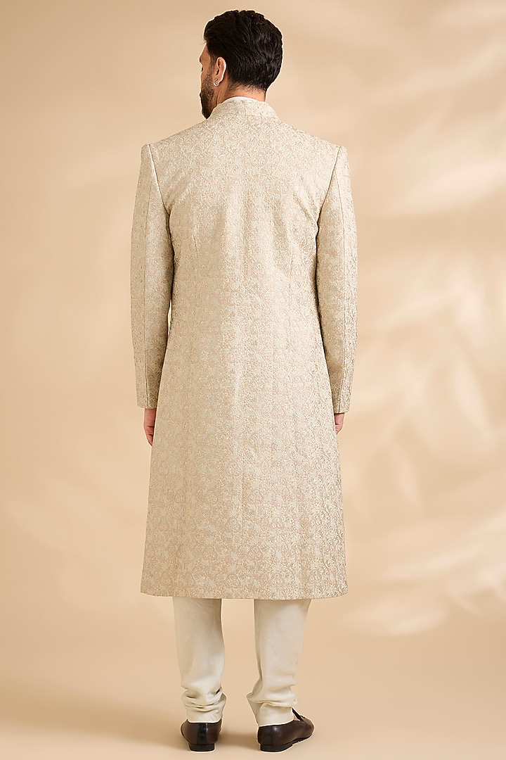 Beige Raw Silk Embroidered Groom Sherwani Set by Amit Behki at Pernia's Pop Up Shop
