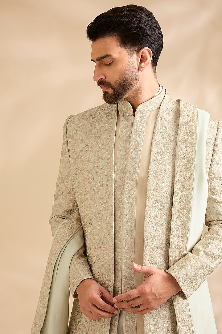 Beige Raw Silk Embroidered Groom Sherwani Set by Amit Behki at Pernia's Pop Up Shop