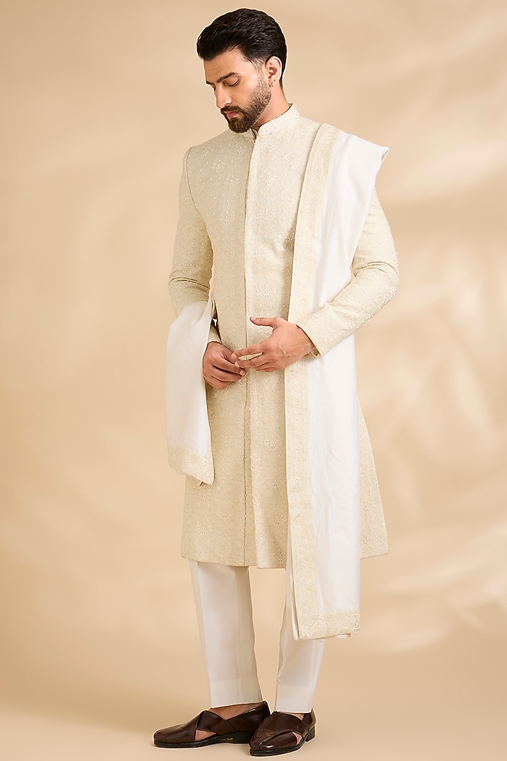 Cream Raw Silk Embroidered Groom Sherwani Set by Amit Behki at Pernia's Pop Up Shop