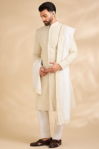 Cream Raw Silk Embroidered Sherwani Set by Amit Behki