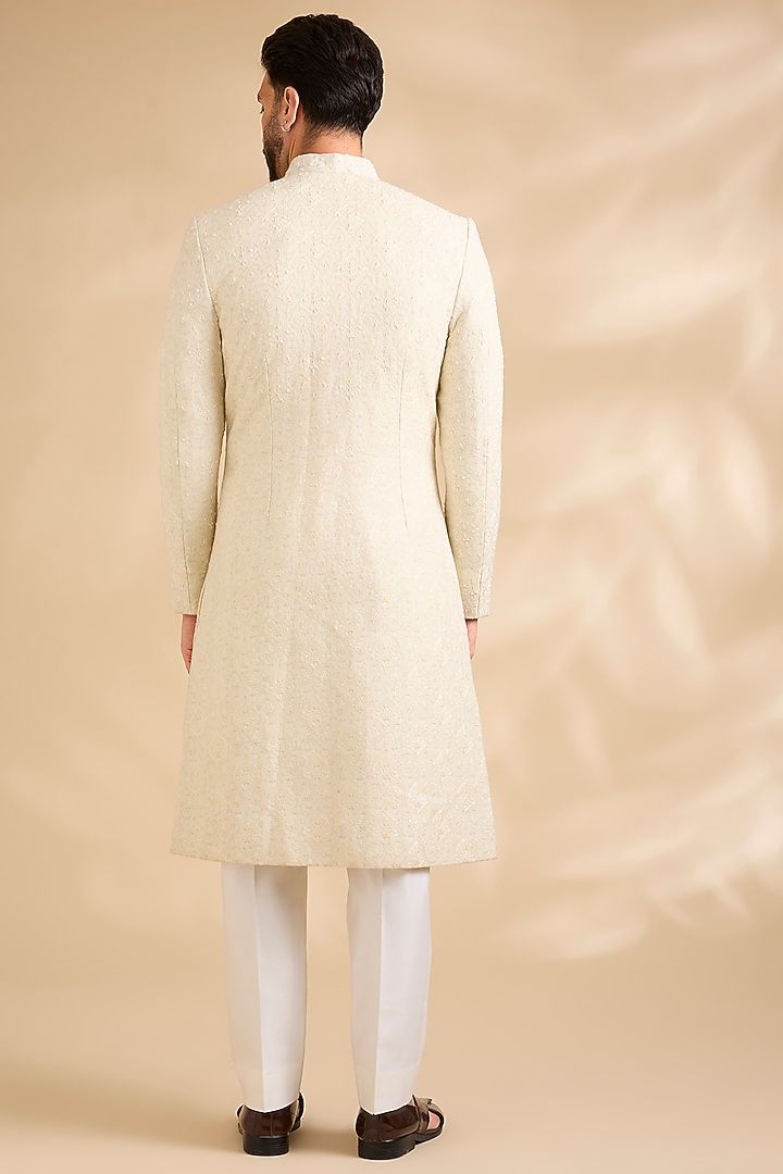 Cream Raw Silk Embroidered Groom Sherwani Set by Amit Behki at Pernia's Pop Up Shop