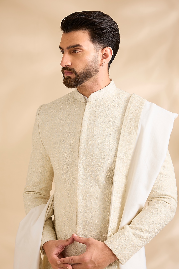 Cream Raw Silk Embroidered Groom Sherwani Set by Amit Behki at Pernia's Pop Up Shop
