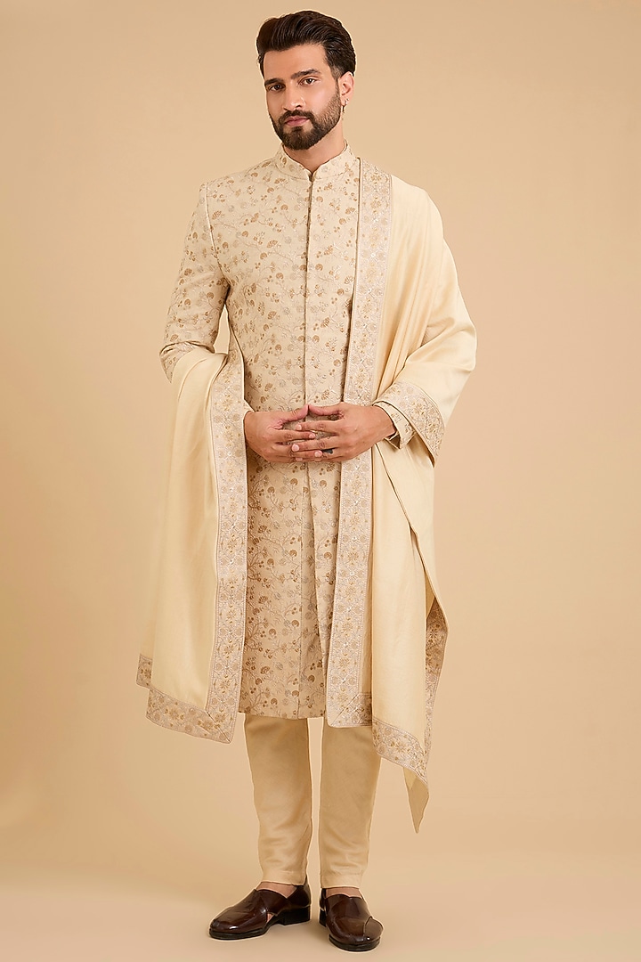 Beige Silk Groom Sherwani Set by Amit Behki at Pernia's Pop Up Shop