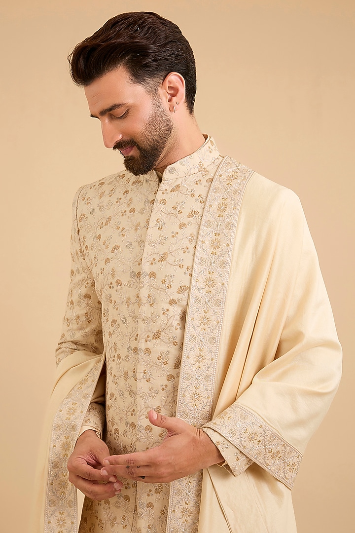 Beige Silk Groom Sherwani Set by Amit Behki at Pernia's Pop Up Shop