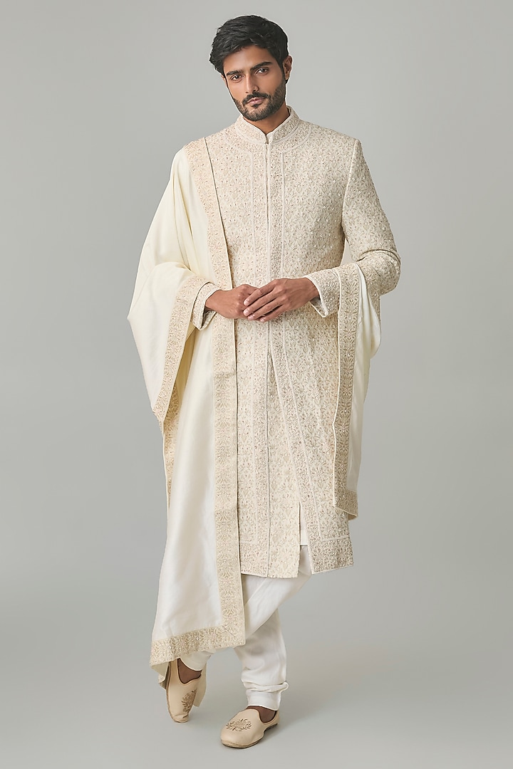 Ivory Silk Hand Embroidered Groom Sherwani Set by Amit Behki at Pernia's Pop Up Shop
