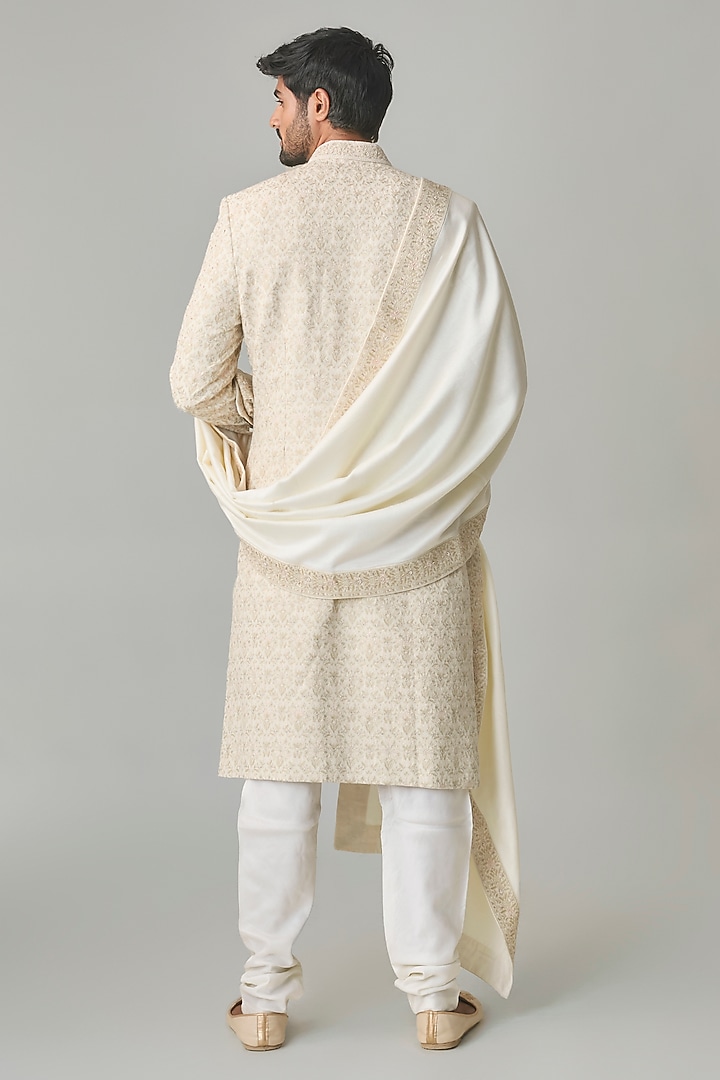 Ivory Silk Hand Embroidered Groom Sherwani Set by Amit Behki at Pernia's Pop Up Shop