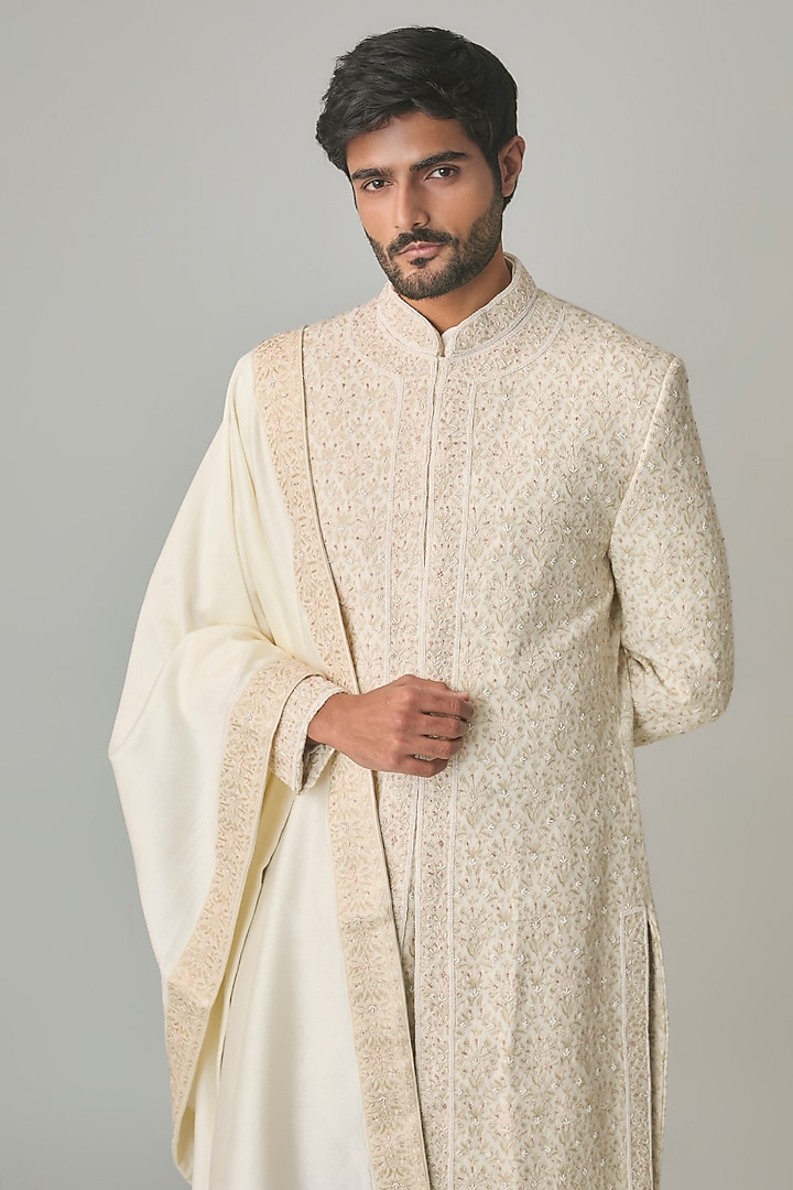 Ivory Silk Hand Embroidered Groom Sherwani Set by Amit Behki at Pernia's Pop Up Shop