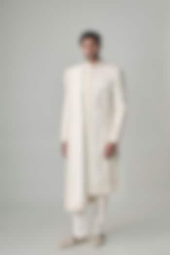 White Silk Hand Embroidered Groom Sherwani Set by Amit Behki at Pernia's Pop Up Shop