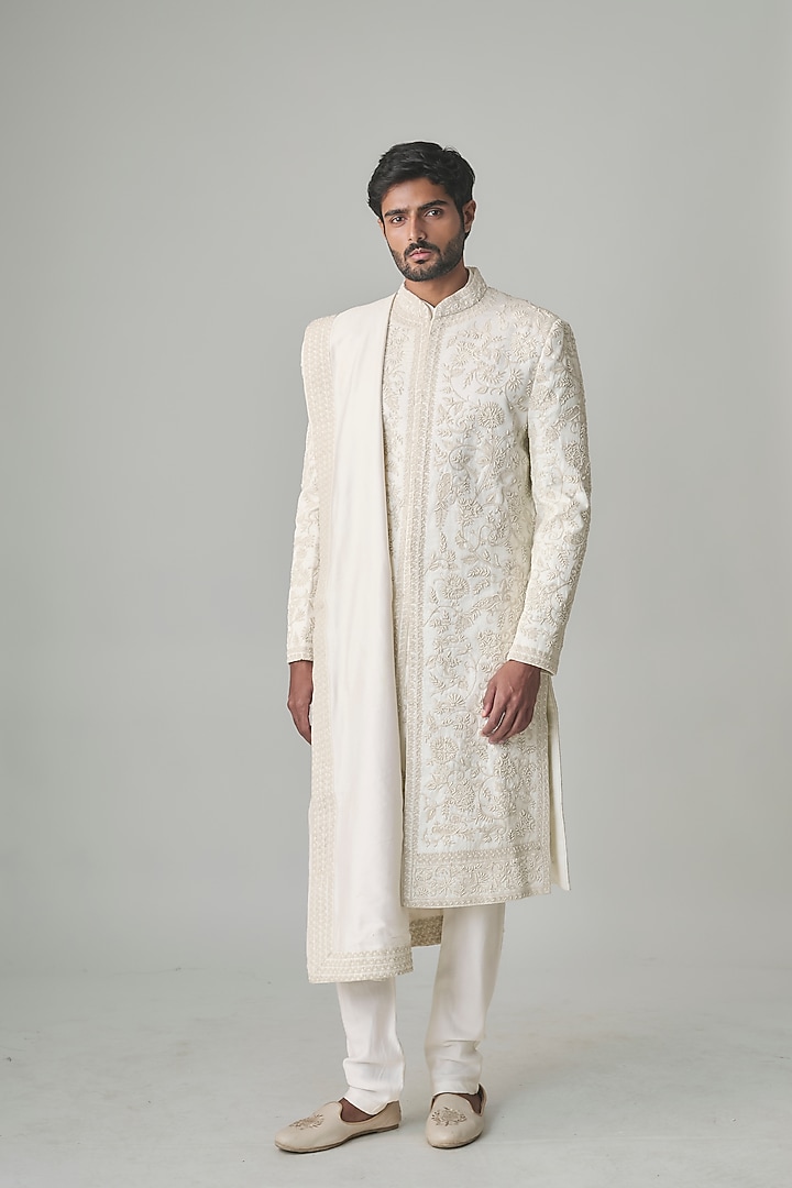 White Silk Hand Embroidered Groom Sherwani Set by Amit Behki at Pernia's Pop Up Shop