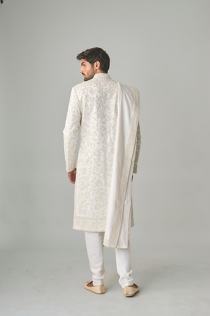 White Silk Hand Embroidered Groom Sherwani Set by Amit Behki at Pernia's Pop Up Shop