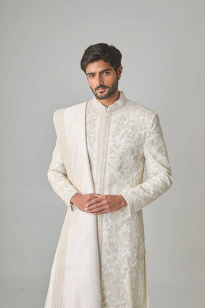 White Silk Hand Embroidered Groom Sherwani Set by Amit Behki at Pernia's Pop Up Shop