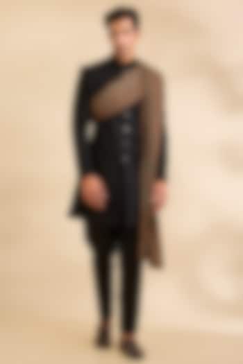 Black Silk Groom Sherwani Set by Amit Behki at Pernia's Pop Up Shop