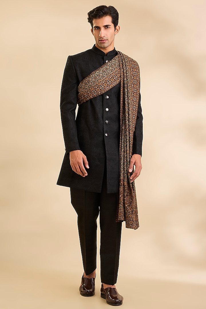 Black Silk Groom Sherwani Set by Amit Behki at Pernia's Pop Up Shop