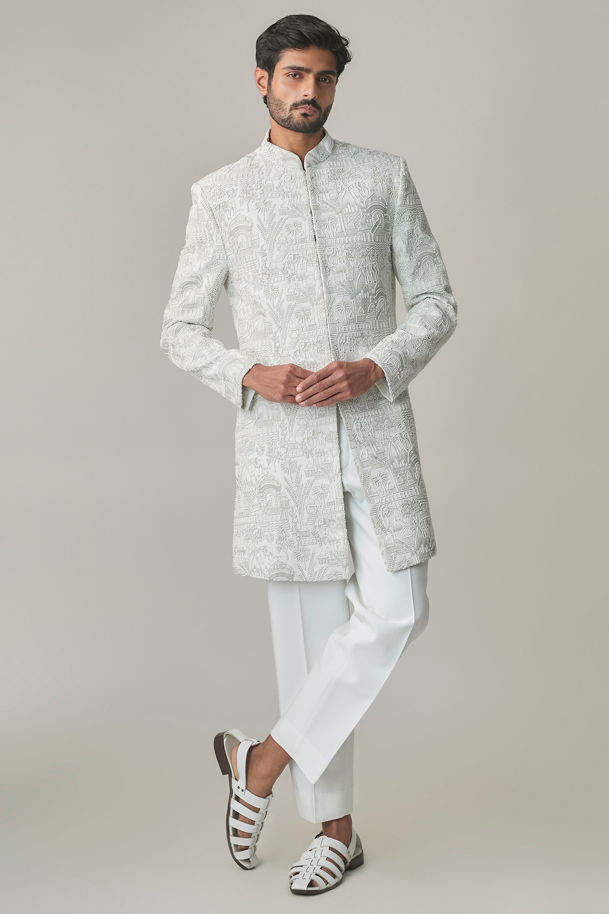 Amit Behki Light Sage Green Silk Hand Embroidered Sherwani Set