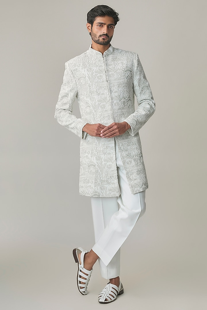Light Sage Green Silk Hand Embroidered Groom Sherwani Set by Amit Behki at Pernia's Pop Up Shop