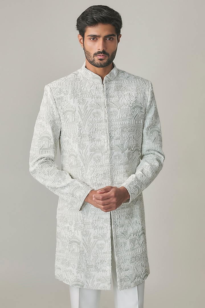 Light Sage Green Silk Hand Embroidered Groom Sherwani Set by Amit Behki at Pernia's Pop Up Shop