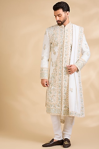 Ivory Raw Silk Embroidered Sherwani Set by Amit Behki