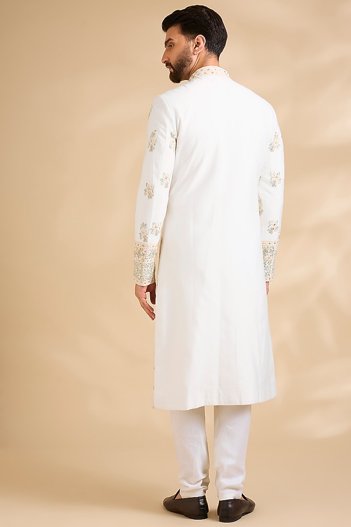 Ivory Raw Silk Embroidered Groom Sherwani Set by Amit Behki at Pernia's Pop Up Shop