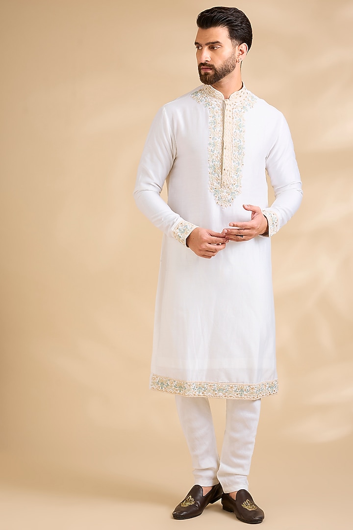 Ivory Raw Silk Embroidered Groom Sherwani Set by Amit Behki at Pernia's Pop Up Shop