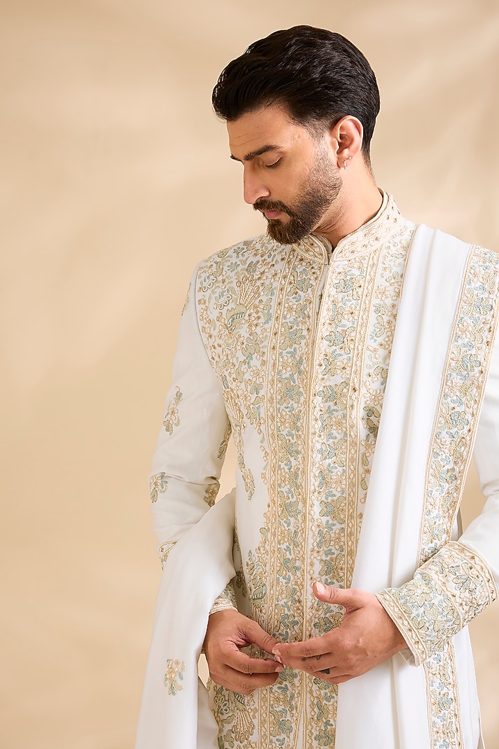 Ivory Raw Silk Embroidered Groom Sherwani Set by Amit Behki at Pernia's Pop Up Shop