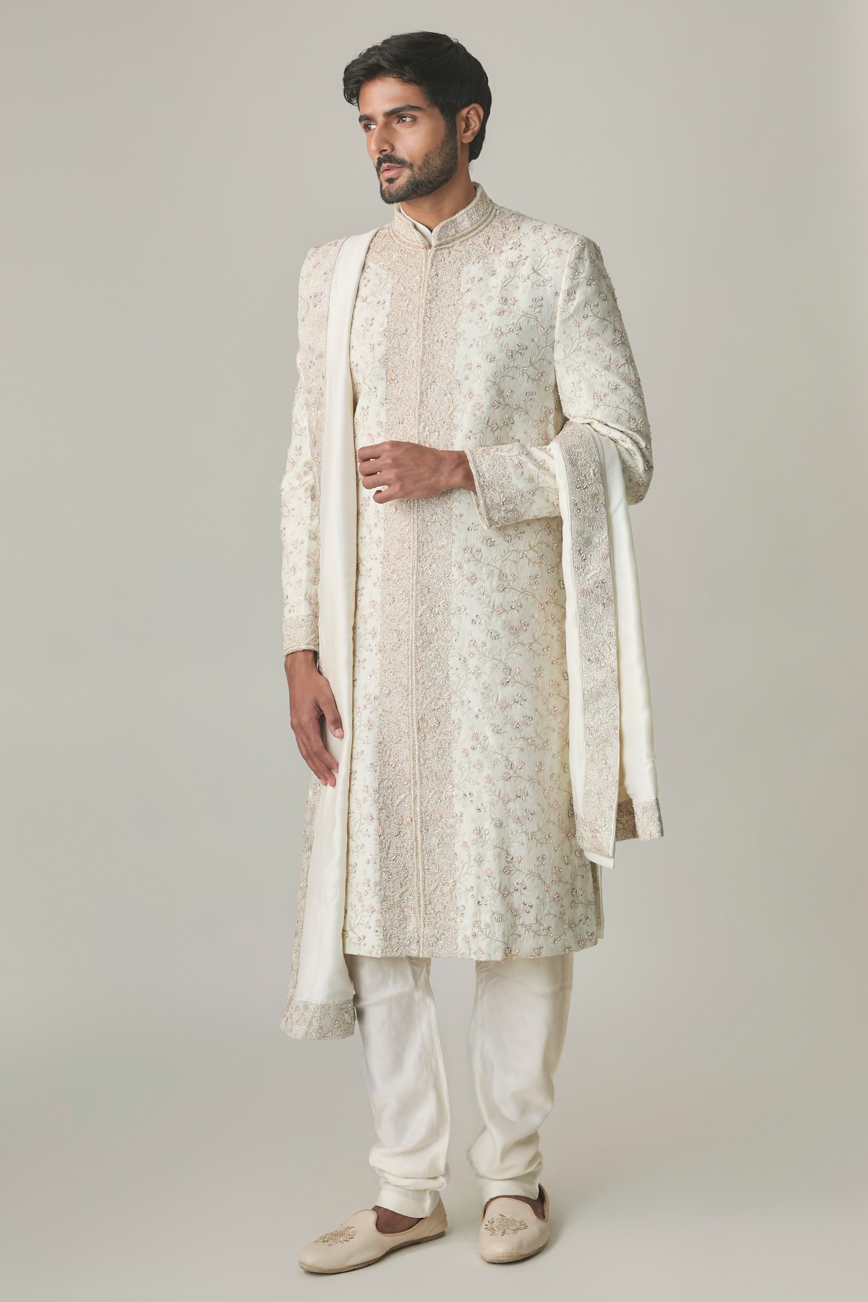 Amit Behki Ivory Silk Hand Embroidered Sherwani Set