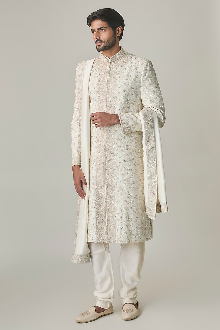 Ivory Silk Hand Embroidered Groom Sherwani Set by Amit Behki at Pernia's Pop Up Shop