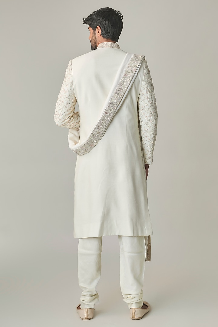 Ivory Silk Hand Embroidered Groom Sherwani Set by Amit Behki at Pernia's Pop Up Shop