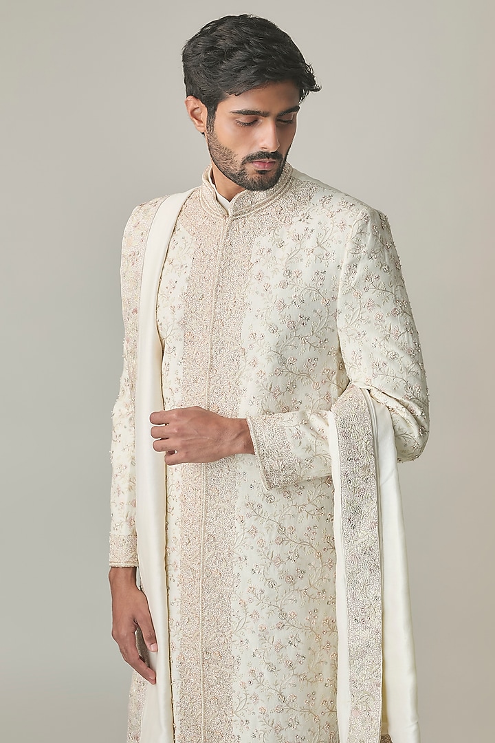 Ivory Silk Hand Embroidered Groom Sherwani Set by Amit Behki at Pernia's Pop Up Shop