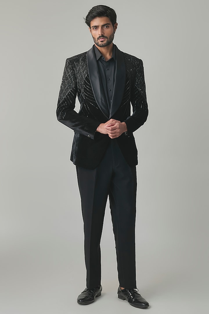 Black Velvet Hand Embroidered Tuxedo Set by Amit Behki at Pernia's Pop Up Shop