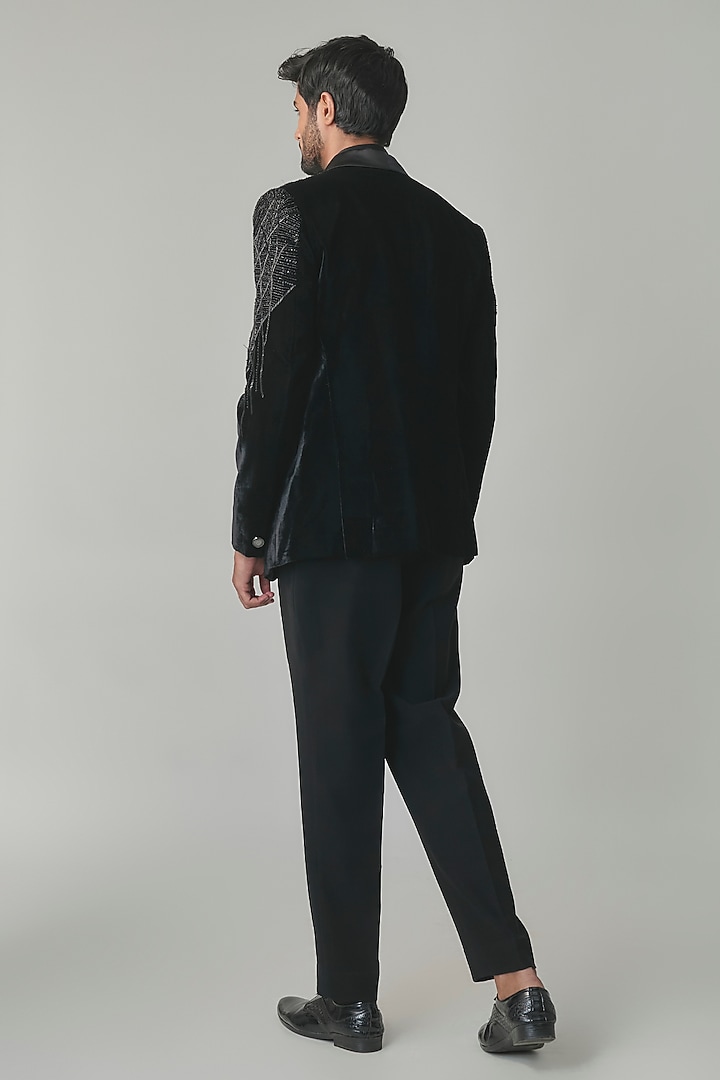 Black Velvet Hand Embroidered Tuxedo Set by Amit Behki at Pernia's Pop Up Shop
