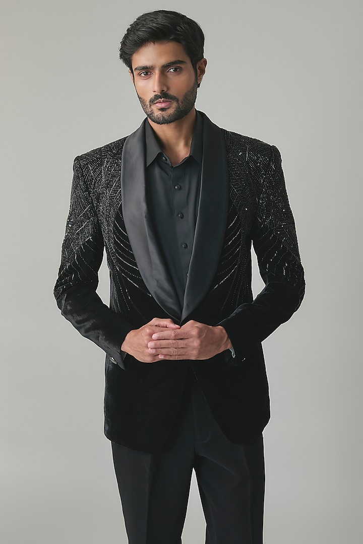 Black Velvet Hand Embroidered Tuxedo Set by Amit Behki at Pernia's Pop Up Shop