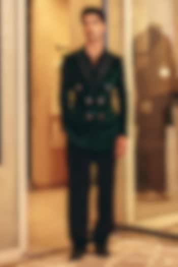 Emerald Green Cotton Velvet Hand Embroidered Blazer Set by Amit Behki at Pernia's Pop Up Shop