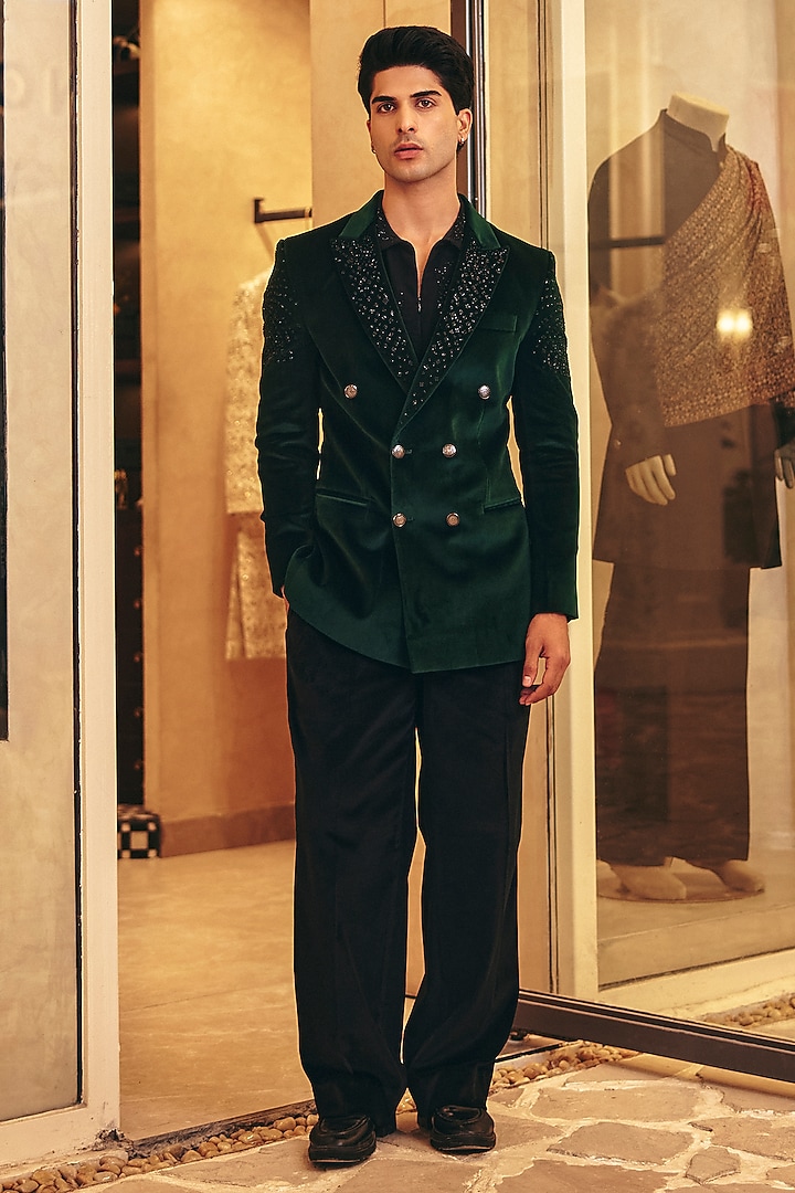 Emerald Green Cotton Velvet Hand Embroidered Blazer Set by Amit Behki at Pernia's Pop Up Shop