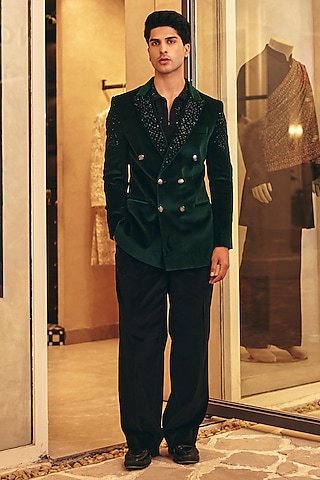 Emerald Green Cotton Velvet Hand Embroidered Blazer Set by Amit Behki