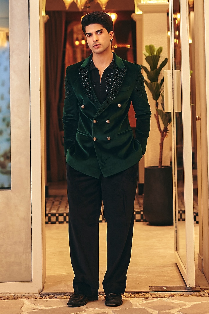 Emerald Green Cotton Velvet Hand Embroidered Blazer Set by Amit Behki at Pernia's Pop Up Shop