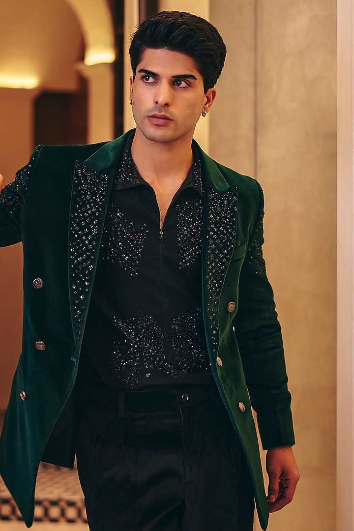 Emerald Green Cotton Velvet Hand Embroidered Blazer Set by Amit Behki at Pernia's Pop Up Shop