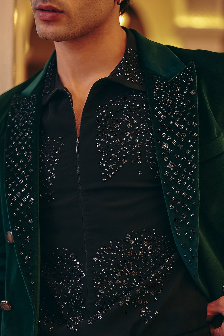 Emerald Green Cotton Velvet Hand Embroidered Blazer Set by Amit Behki at Pernia's Pop Up Shop